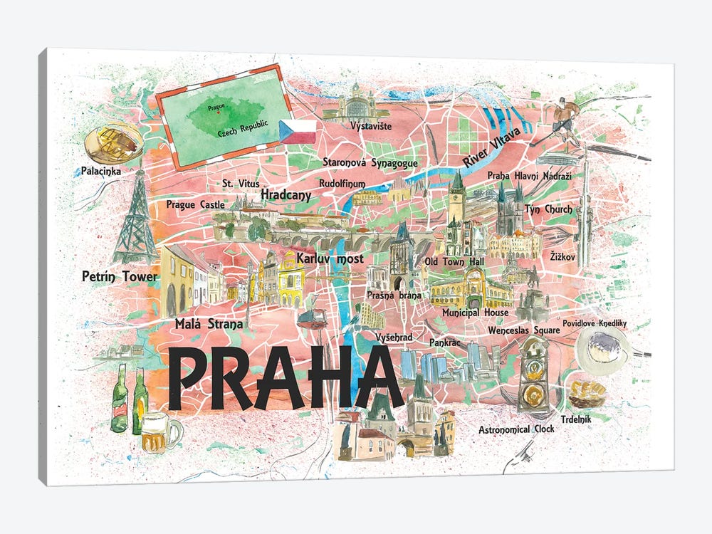Prague Czech Republic Illustrated Map With Landmarks And Highlights by Markus & Martina Bleichner 1-piece Canvas Artwork