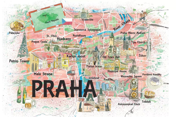 Prague Czech Republic Illustrated Map With Landmarks And Highlights