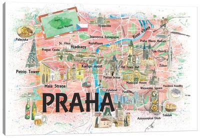 Prague Czech Republic Illustrated Map With Landmarks And Highlights Canvas Art Print - Czech Republic