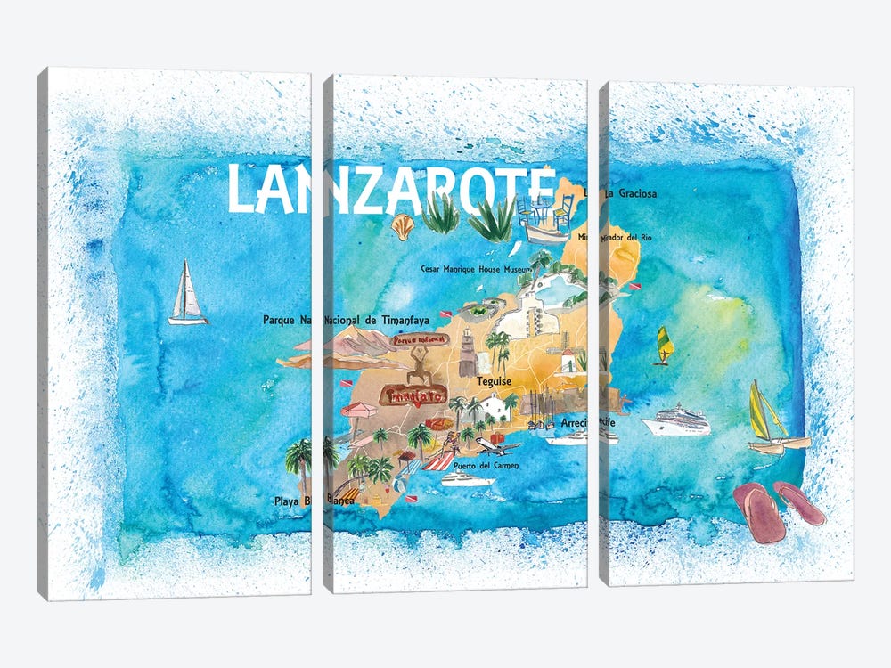 Lanzarote Canarias Spain Illustrated Map with Landmarks and Highlights by Markus & Martina Bleichner 3-piece Art Print