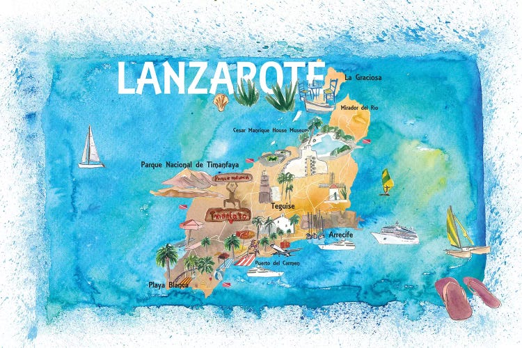 Lanzarote Canarias Spain Illustrated Map with Landmarks and Highlights by Markus & Martina Bleichner wall art