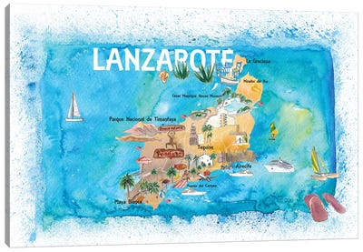 Lanzarote Canarias Spain Illustrated Map with Landmarks and Highlights Canvas Art Print - Nautical Maps