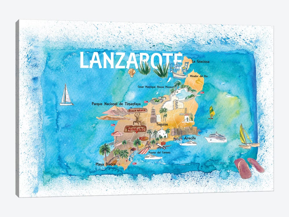 Lanzarote Canarias Spain Illustrated Map with Landmarks and Highlights by Markus & Martina Bleichner 1-piece Art Print