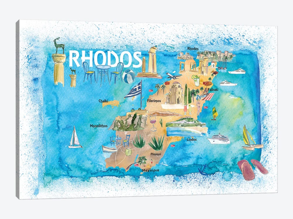Rhodes Greece Illustrated Map with Landmarks and Highlights by Markus & Martina Bleichner 1-piece Canvas Art