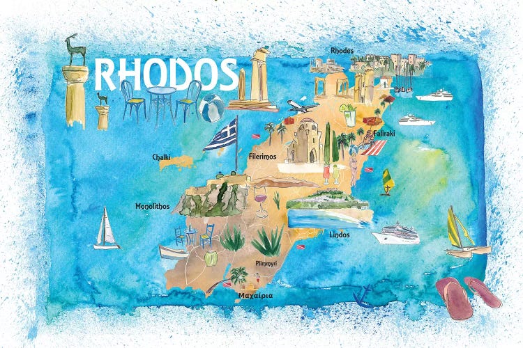 Rhodes Greece Illustrated Map with Landmarks and Highlights