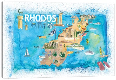 Rhodes Greece Illustrated Map with Landmarks and Highlights Canvas Art Print - Nautical Maps