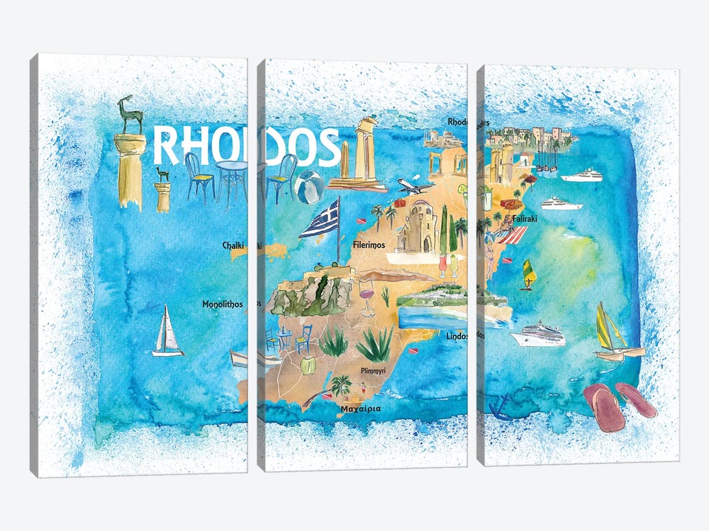 Rhodes Greece Illustrated Map with Landmarks and Highlights by Markus & Martina Bleichner 3-piece Canvas Art