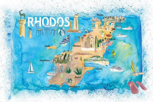 Rhodes Greece Illustrated Map with Landmarks and Highlights