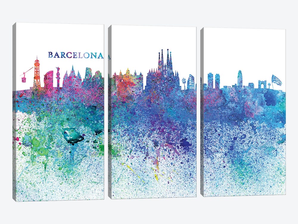 Barcelona Catalonia Spain Skyline Silhouette Impressionistic Splash by Markus & Martina Bleichner 3-piece Canvas Art Print