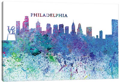 Philadelphia Pennsylvania Skyline Silhouette Impressionistic Splash Canvas Art Print - Philadelphia Skylines