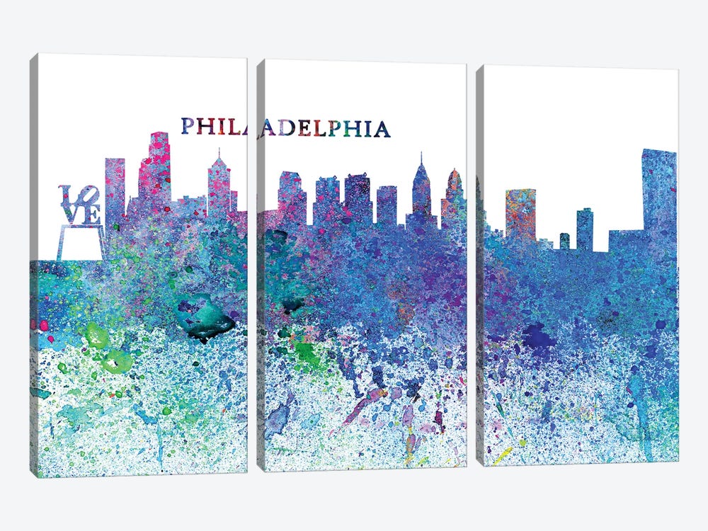Philadelphia Pennsylvania Skyline Silhouette Impressionistic Splash by Markus & Martina Bleichner 3-piece Canvas Wall Art