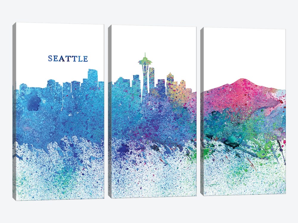 Seattle Washington Skyline Silhouette Impressionistic Splash by Markus & Martina Bleichner 3-piece Canvas Wall Art