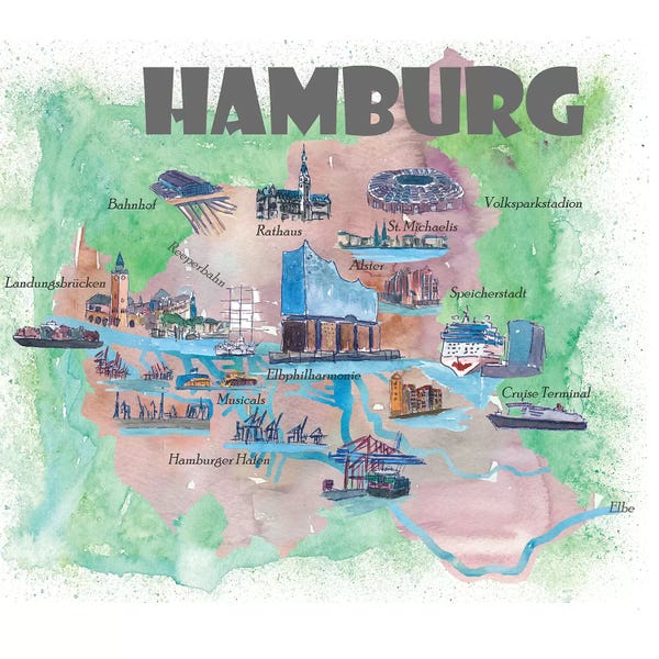 Kids Map Art: Hamburg, Germany Travel Poster by Markus & Martina Bleichner