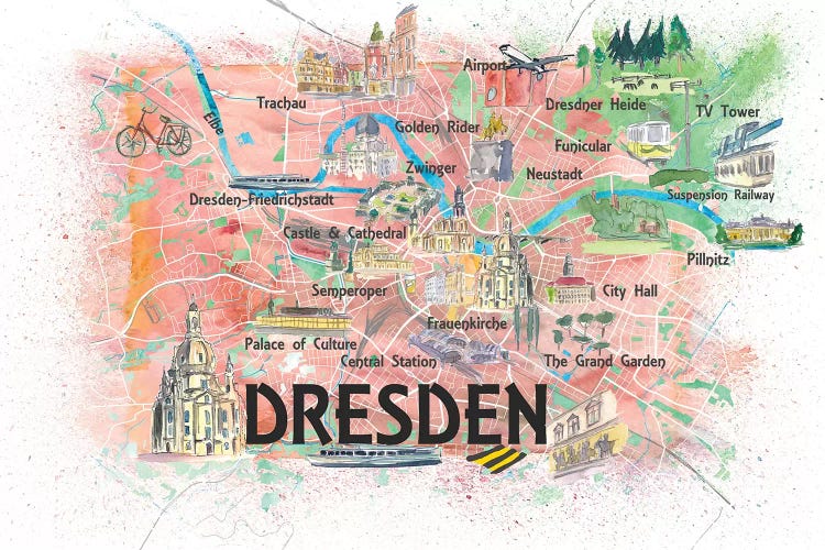 Dresden Saxony Germany Illustrated Map With Main Roads Landmarks And Highlights by Markus & Martina Bleichner wall art