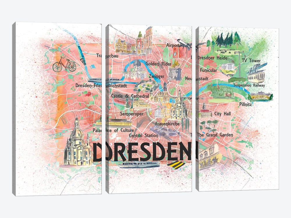 Dresden Saxony Germany Illustrated Map With Main Roads Landmarks And Highlights by Markus & Martina Bleichner 3-piece Canvas Art Print