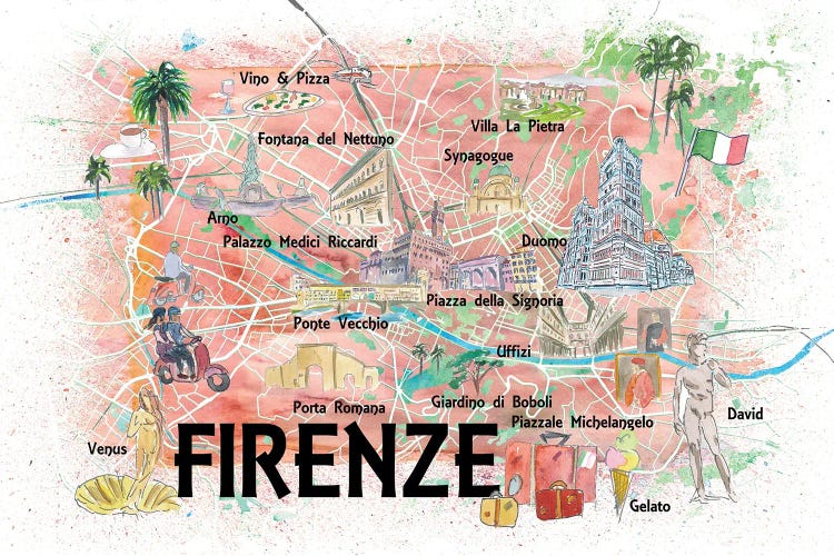 Florence Italy Illustrated Map With Roads Landmarks And Highlights