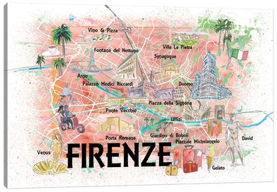 Florence Italy Illustrated Map With Roads Landmarks And Highlights Canvas Art Print - Florence Art
