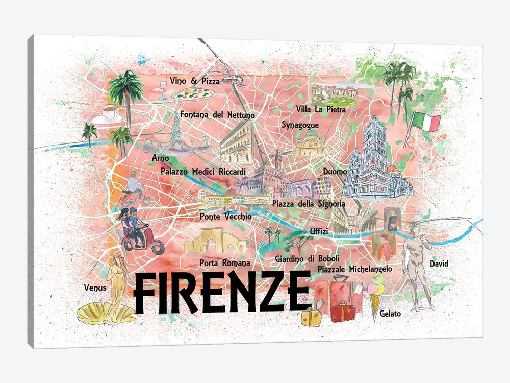Florence Italy Illustrated Map With Roads Landmarks And Highlights by Markus & Martina Bleichner 1-piece Canvas Print