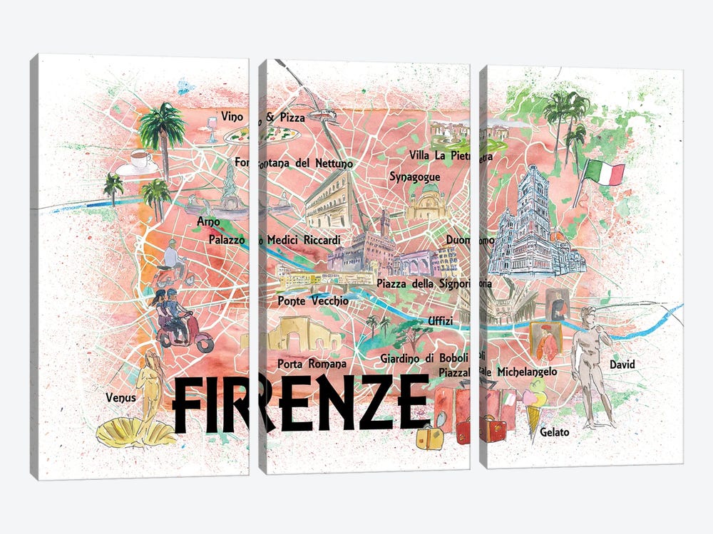 Florence Italy Illustrated Map With Roads Landmarks And Highlights 3-piece Canvas Art Print