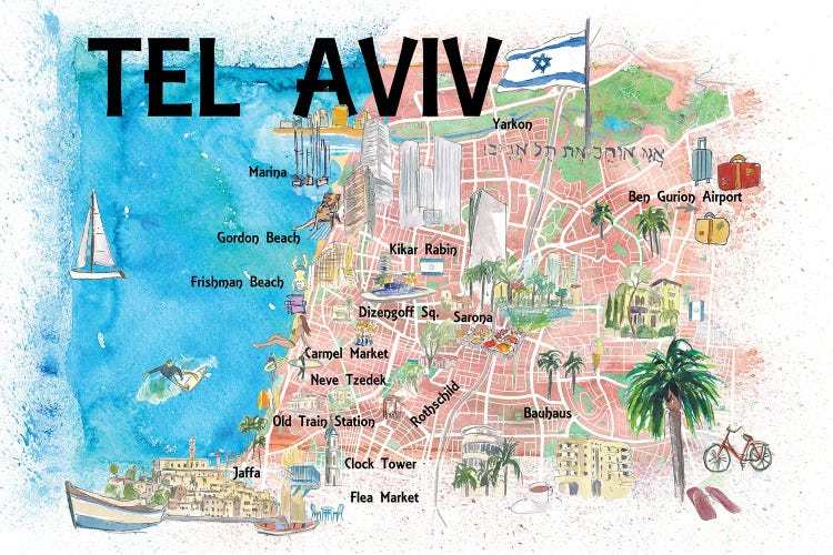 Tel Aviv Israel Illustrated Map With Roads Landmarks And Highlights by Markus & Martina Bleichner wall art