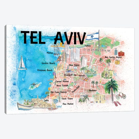 Tel Aviv Israel Illustrated Map With Roads Landmarks And Highlights Canvas Print #MMB184} by Markus & Martina Bleichner Art Print