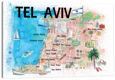 Tel Aviv Israel Illustrated Map With Roads Landmarks And Highlights Canvas Art Print - Markus & Martina Bleichner