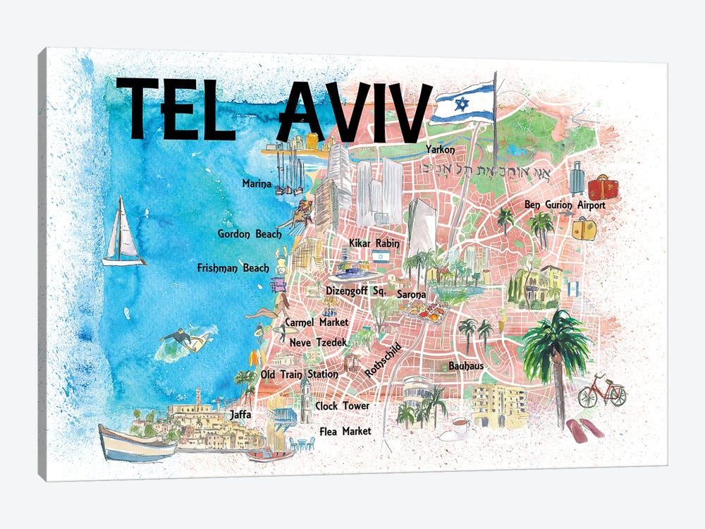 Tel Aviv Israel Illustrated Map With Roads Landmarks And Highlights by Markus & Martina Bleichner 1-piece Canvas Wall Art