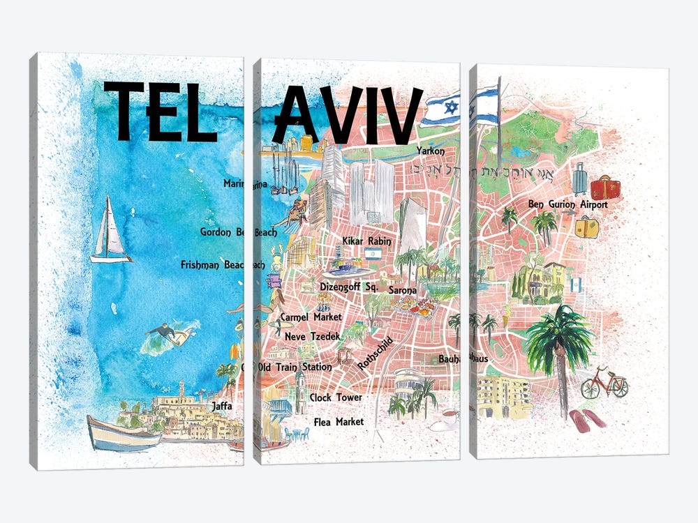 Tel Aviv Israel Illustrated Map With Roads Landmarks And Highlights by Markus & Martina Bleichner 3-piece Canvas Wall Art