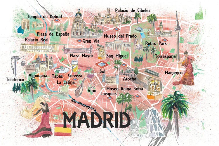 Madrid Spain Illustrated Map With Landmarks And Highlights