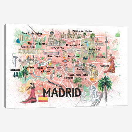 Madrid Spain Illustrated Map With Landmarks And Highlights Canvas Print #MMB185} by Markus & Martina Bleichner Art Print