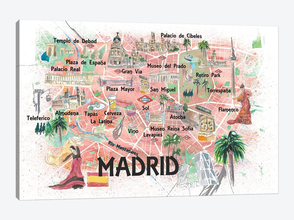 Madrid Spain Illustrated Map With Landmarks And Highlights by Markus & Martina Bleichner 1-piece Art Print