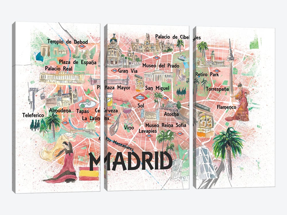 Madrid Spain Illustrated Map With Landmarks And Highlights by Markus & Martina Bleichner 3-piece Canvas Print