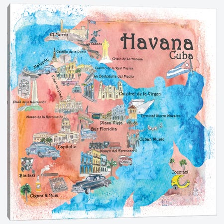 Havana, Cuba Illustrated Travel Poster Canvas Print #MMB18} by Markus & Martina Bleichner Canvas Wall Art