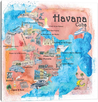 Havana, Cuba Illustrated Travel Poster Canvas Art Print - Havana Art