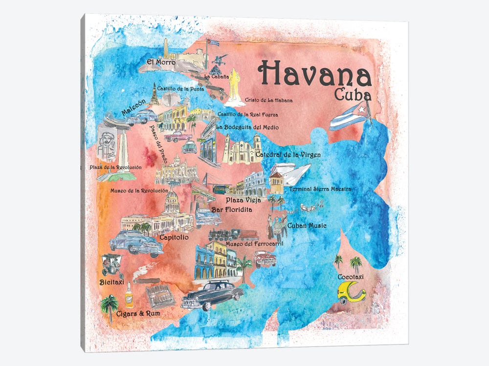 Havana, Cuba Illustrated Travel Poster by Markus & Martina Bleichner 1-piece Canvas Art