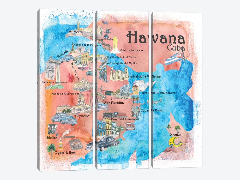 Havana, Cuba Illustrated Travel Poster by Markus & Martina Bleichner 3-piece Canvas Art