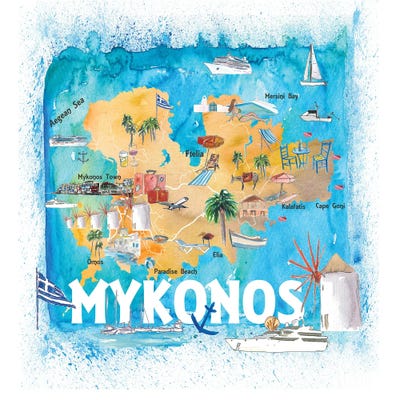 Mykonos Greece Illustrated Map With Main Roads Landmarks And Highlights by Markus & Martina Bleichner art print