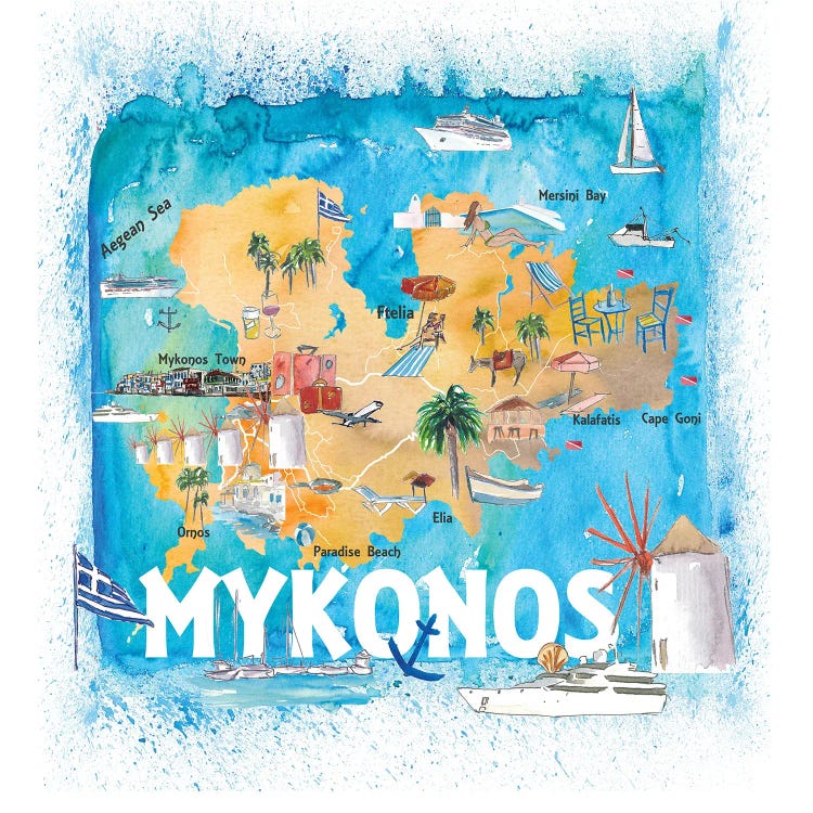 Mykonos Greece Illustrated Map With Main Roads Landmarks And Highlights