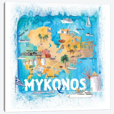 Mykonos Greece Illustrated Map With Main Roads Landmarks And Highlights Canvas Print #MMB190} by Markus & Martina Bleichner Canvas Print