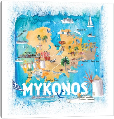 Mykonos Greece Illustrated Map With Main Roads Landmarks And Highlights Canvas Art Print - Mykonos Art
