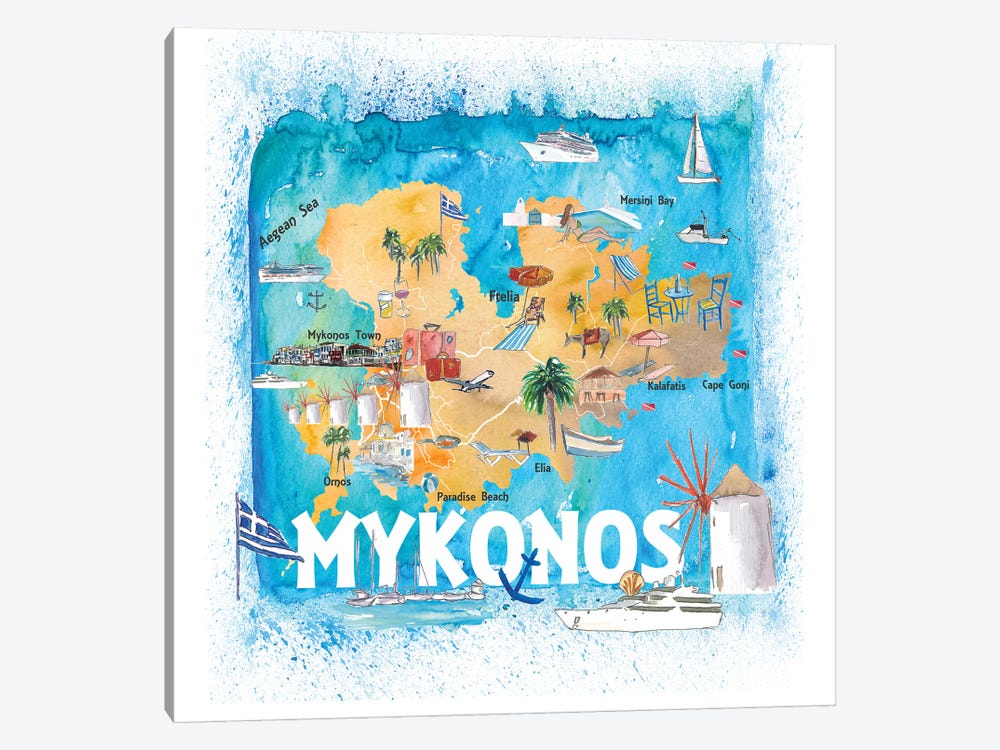 Mykonos Greece Illustrated Map With Main Roads Landmarks And Highlights by Markus & Martina Bleichner 1-piece Art Print