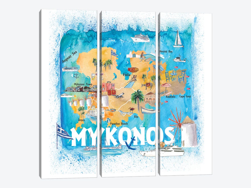Mykonos Greece Illustrated Map With Main Roads Landmarks And Highlights by Markus & Martina Bleichner 3-piece Art Print
