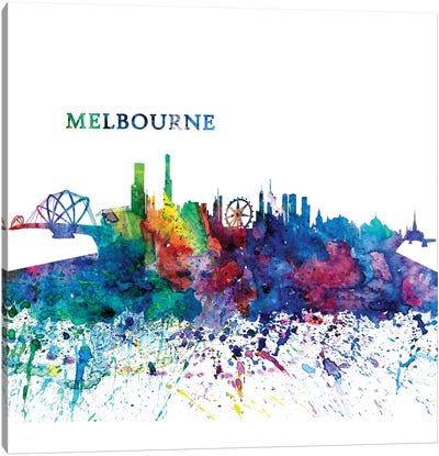 Melbourne Australia Skyline Silhouette Impressionistic Splash Canvas Art Print - Victoria Art