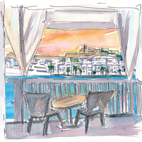 Harbors: Balcony View Of Ibiza Sunset over Old Town with Harbour by Markus & Martina Bleichner