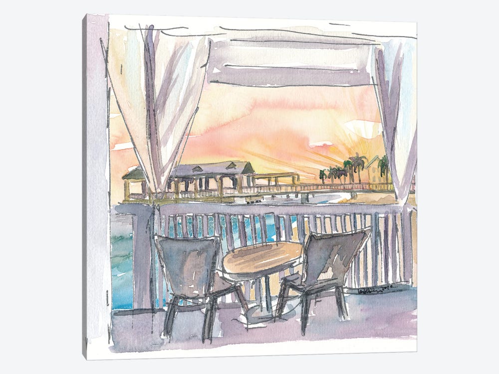 Balcony View Of Sunset with Pier and Palms in The Keys by Markus & Martina Bleichner 1-piece Canvas Artwork
