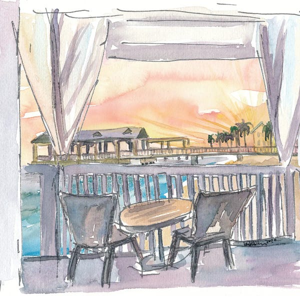 Markus & Martina Bleichner: Balcony View Of Sunset with Pier and Palms in The Keys by Markus & Martina Bleichner