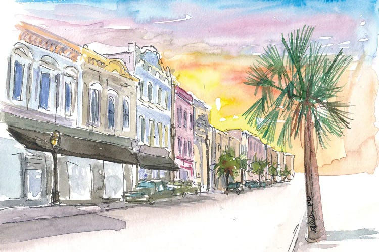 Charleston Street Scene With Sunset In South Carolina