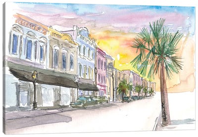 Charleston Street Scene With Sunset In South Carolina Canvas Art Print - City Sunrise & Sunset Art
