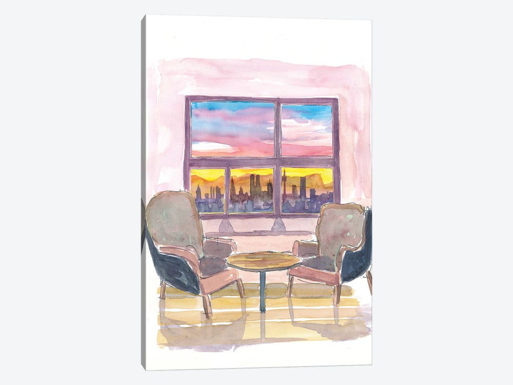 Cozy Panorama Window To Munich Bavaria Skyline with Alps at Sunset by Markus & Martina Bleichner 1-piece Canvas Print
