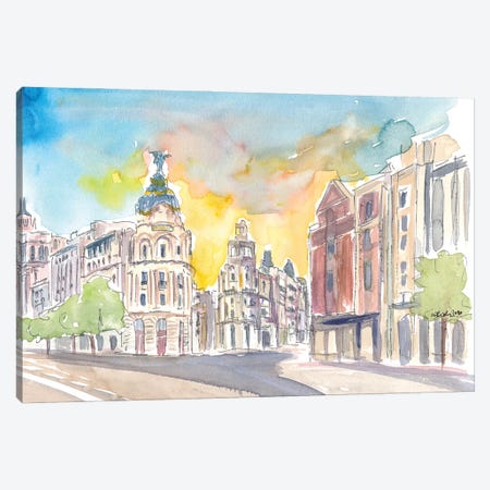 Gran Via Street Morning Scene In Madrid Spain Canvas Print #MMB228} by Markus & Martina Bleichner Canvas Art Print
